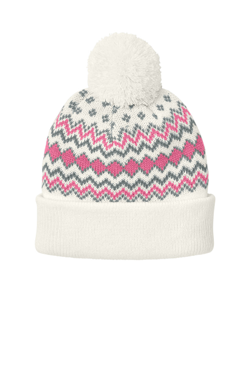 Port Authority Alpine Pom Beanie - Marshmallow/ Awareness Pink/ Gusty Grey