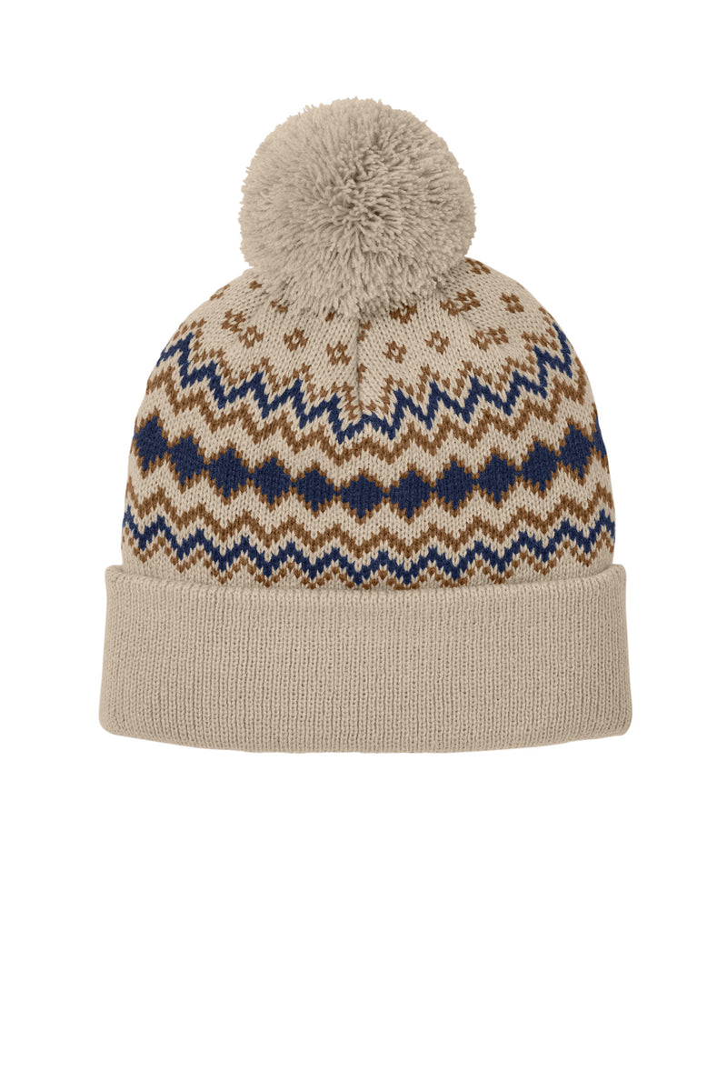 Port Authority Alpine Pom Beanie - Sahara/ True Navy/ Duck Brown