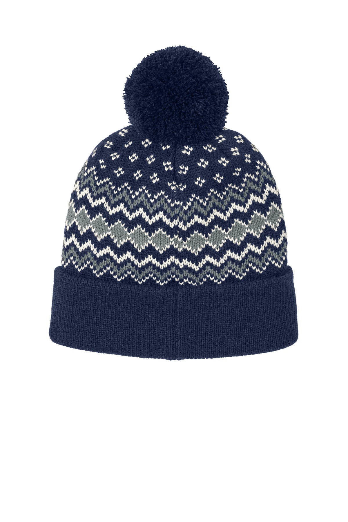 Port Authority Alpine Pom Beanie - True Navy/ Gusty Grey/ Marshmallow