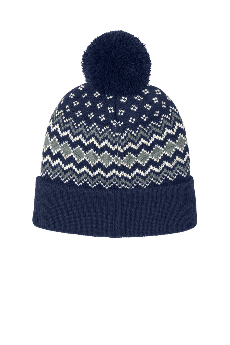 Port Authority Alpine Pom Beanie - True Navy/ Gusty Grey/ Marshmallow