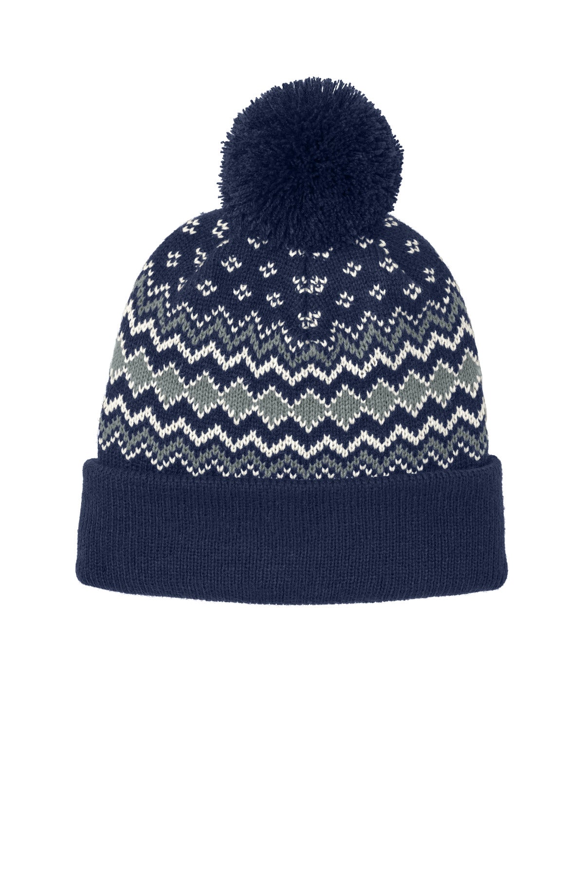 Port Authority Alpine Pom Beanie - True Navy/ Gusty Grey/ Marshmallow