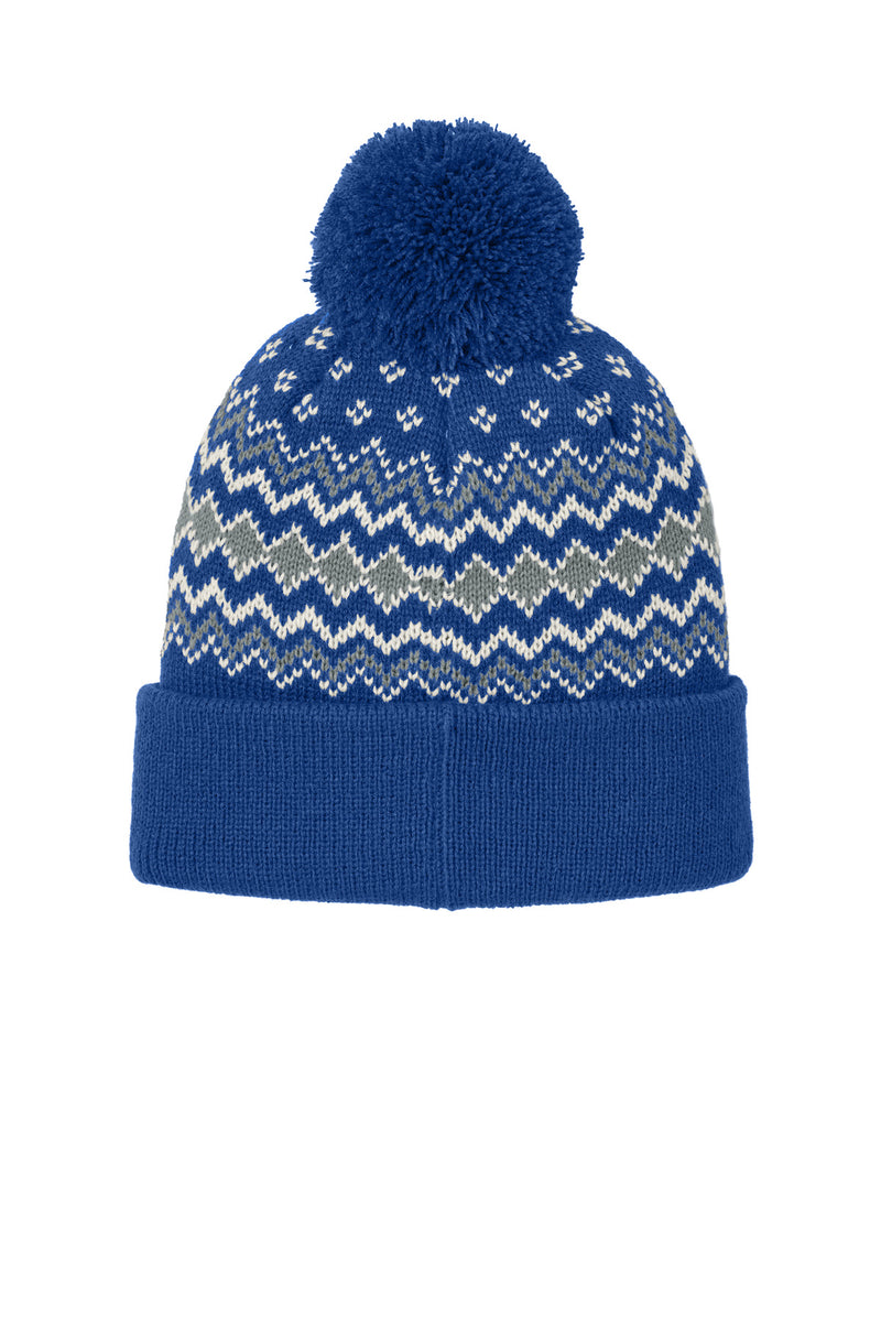 Port Authority Alpine Pom Beanie - True Royal/ Gusty Grey/ Marshmallow