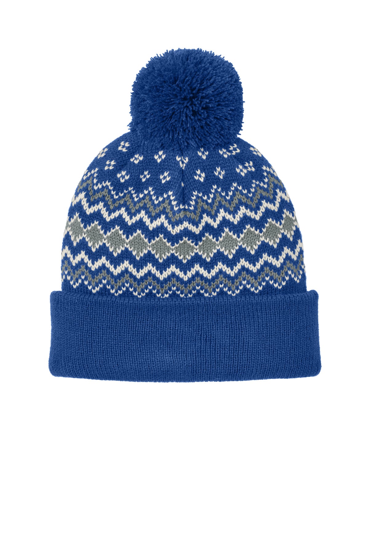 Port Authority Alpine Pom Beanie - True Royal/ Gusty Grey/ Marshmallow