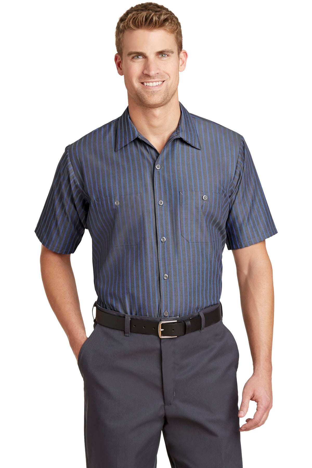 Red Kap Short Sleeve Striped Industrial Work Shirt - Grey/ Blue