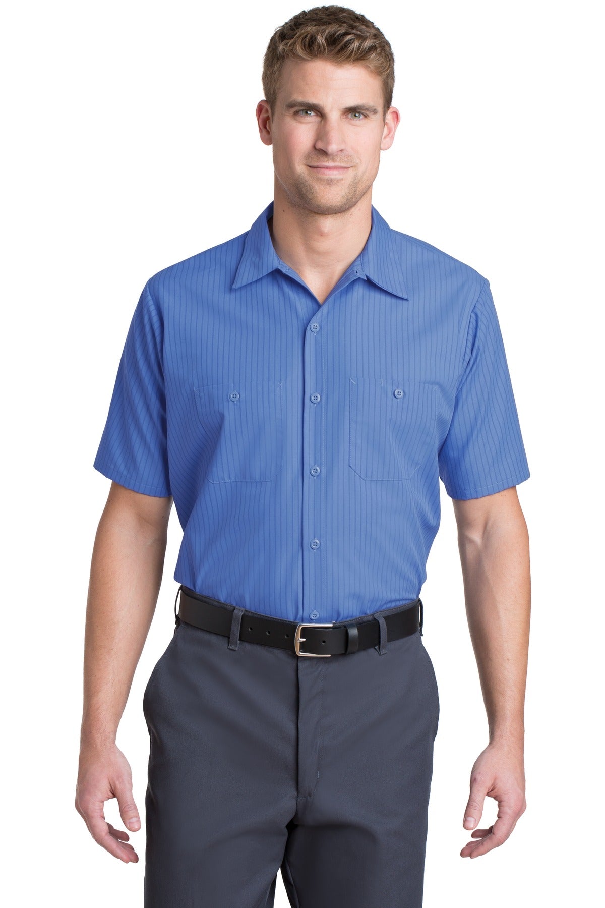 Red Kap Short Sleeve Striped Industrial Work Shirt - Petrol Blue/ Navy