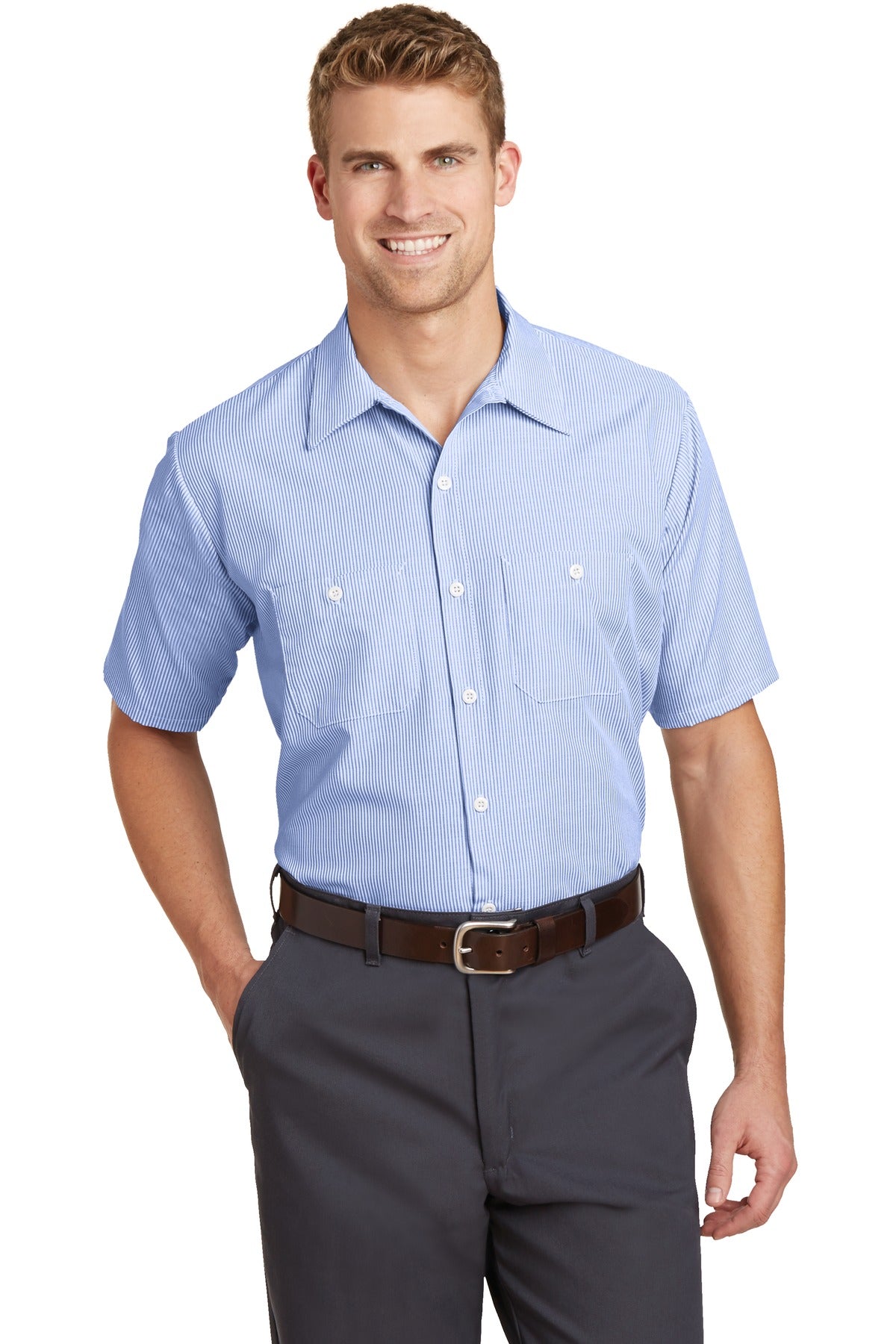 Red Kap Short Sleeve Striped Industrial Work Shirt - White/ Blue