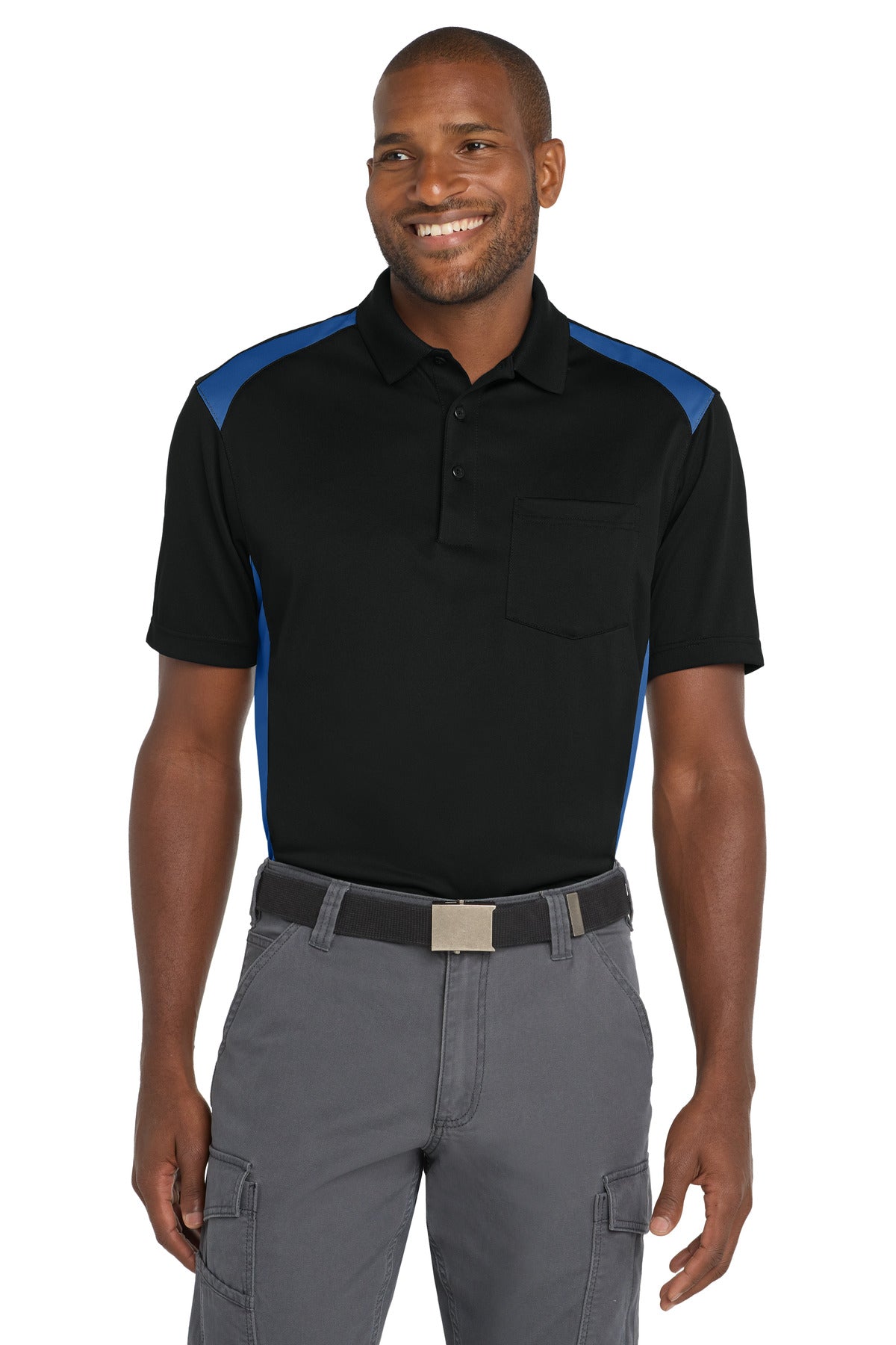 CornerStone Select Snag-Proof Two Way Colorblock Pocket Polo - Black/ Royal