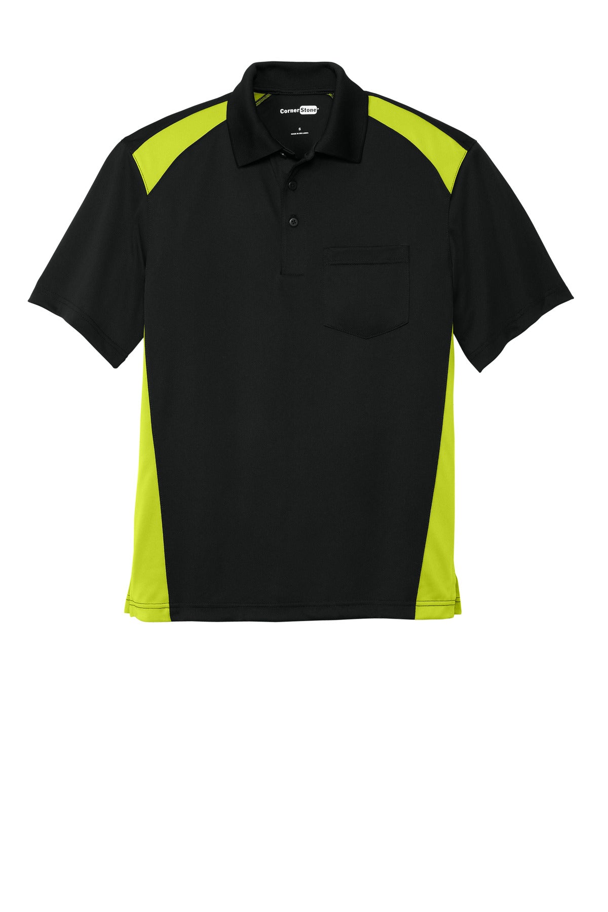 CornerStone Select Snag-Proof Two Way Colorblock Pocket Polo - Black/ Shock Green