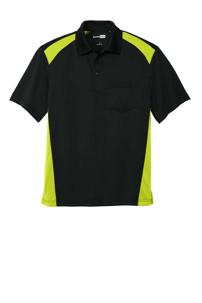 CornerStone Select Snag-Proof Two Way Colorblock Pocket Polo - Black/ Shock Green