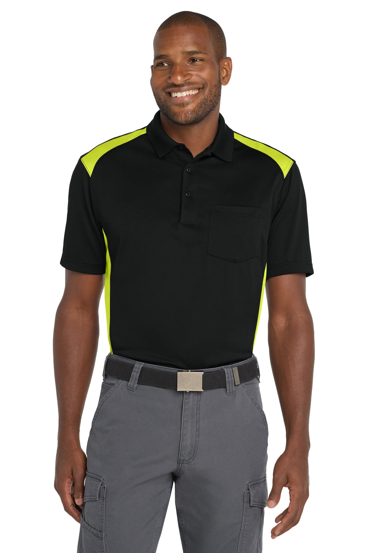 CornerStone Select Snag-Proof Two Way Colorblock Pocket Polo - Black/ Shock Green