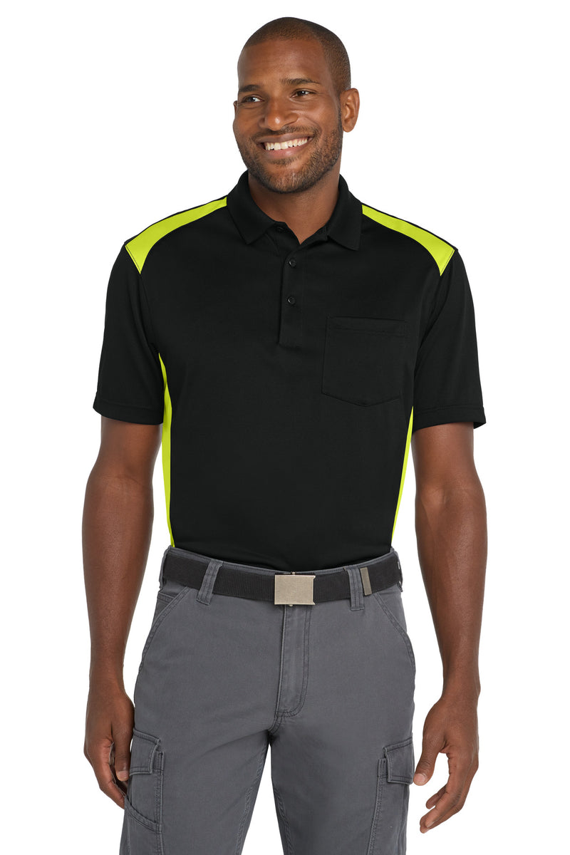 CornerStone Select Snag-Proof Two Way Colorblock Pocket Polo - Black/ Shock Green