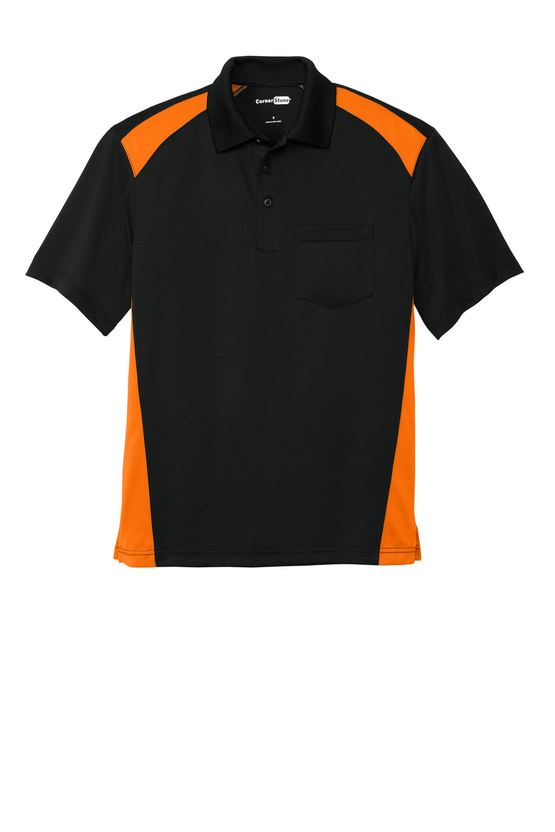 CornerStone Select Snag-Proof Two Way Colorblock Pocket Polo - Black/ Shock Orange