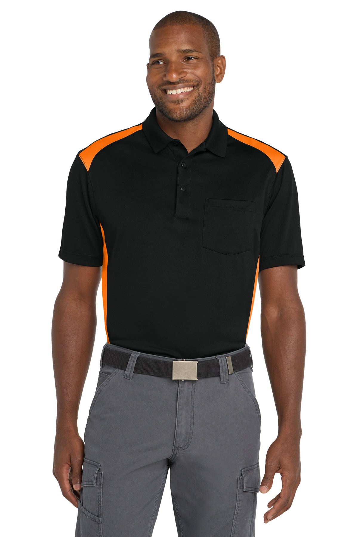 CornerStone Select Snag-Proof Two Way Colorblock Pocket Polo - Black/ Shock Orange