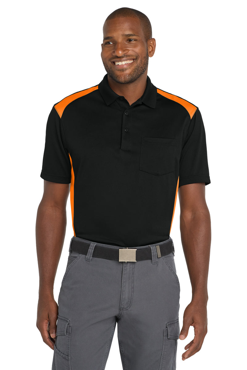 CornerStone Select Snag-Proof Two Way Colorblock Pocket Polo - Black/ Shock Orange