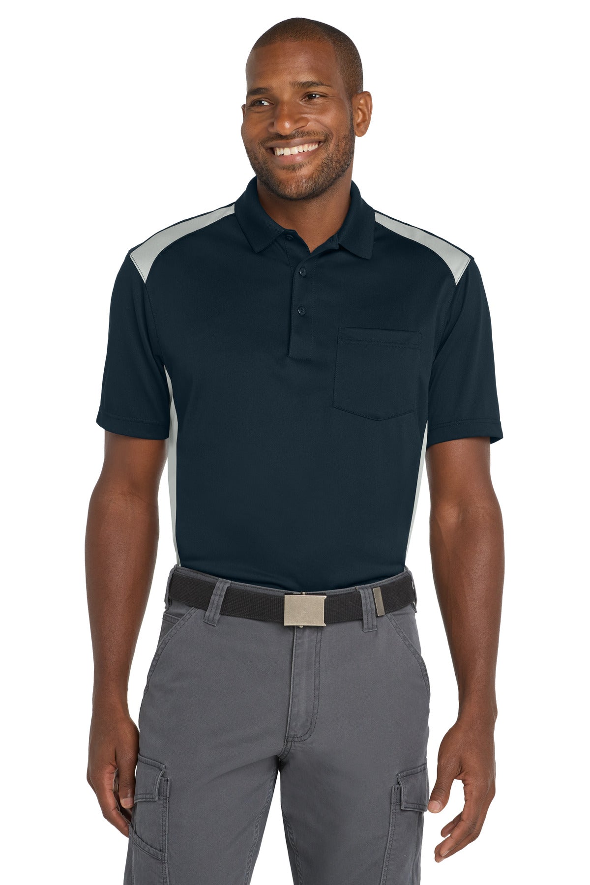 CornerStone Select Snag-Proof Two Way Colorblock Pocket Polo - Dark Navy/ Light Grey