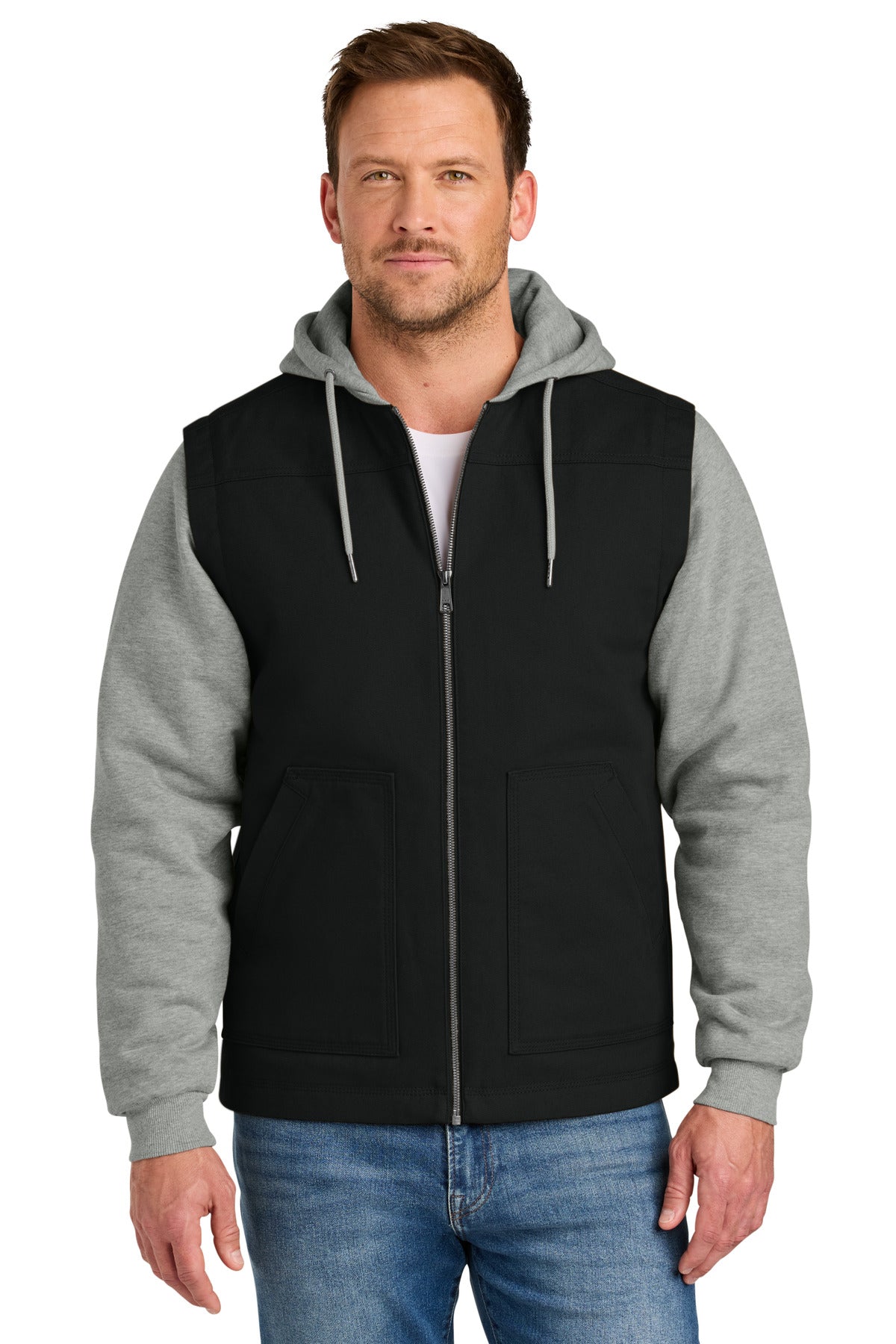 CornerStone Duck Fleece Full-Zip Hooded Jacket - Black/ Heather Grey