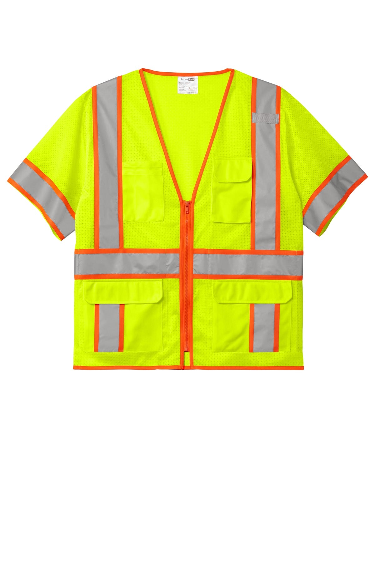 CornerStone  ANSI 107 Class 3 Surveyor Mesh Zippered Two-Tone Short Sleeve Vest - Safety Yellow