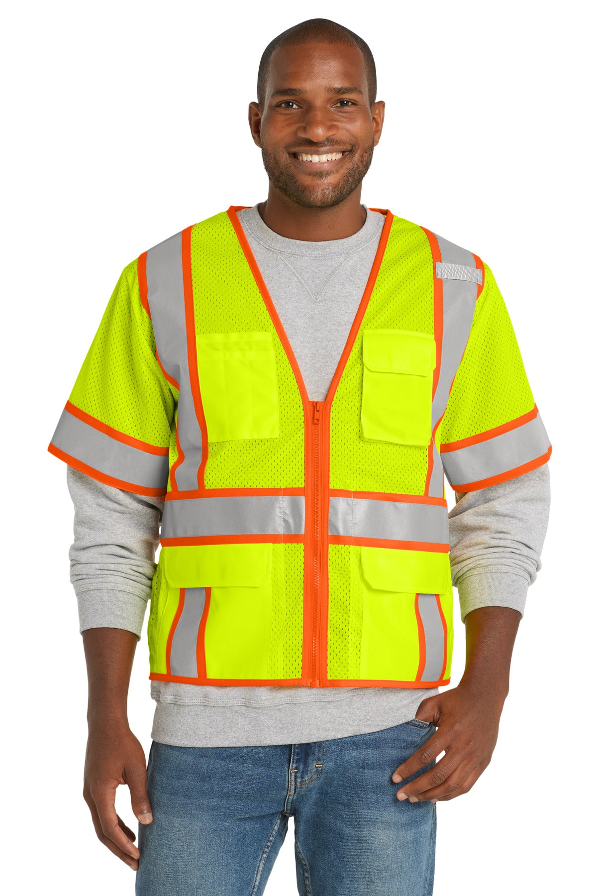 CornerStone  ANSI 107 Class 3 Surveyor Mesh Zippered Two-Tone Short Sleeve Vest - Safety Yellow