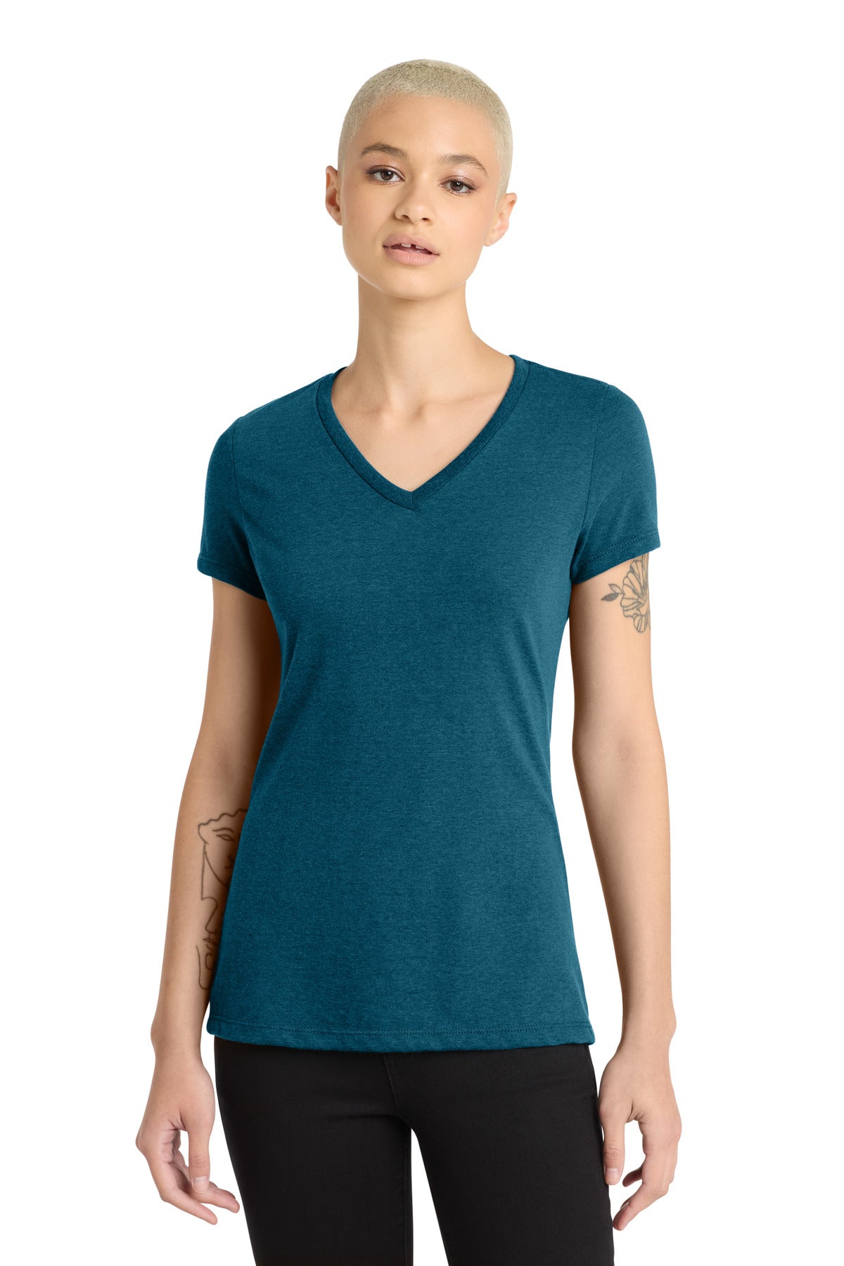 District Women's Perfect Blend CVC V-Neck Tee - Deep Turquoise Fleck