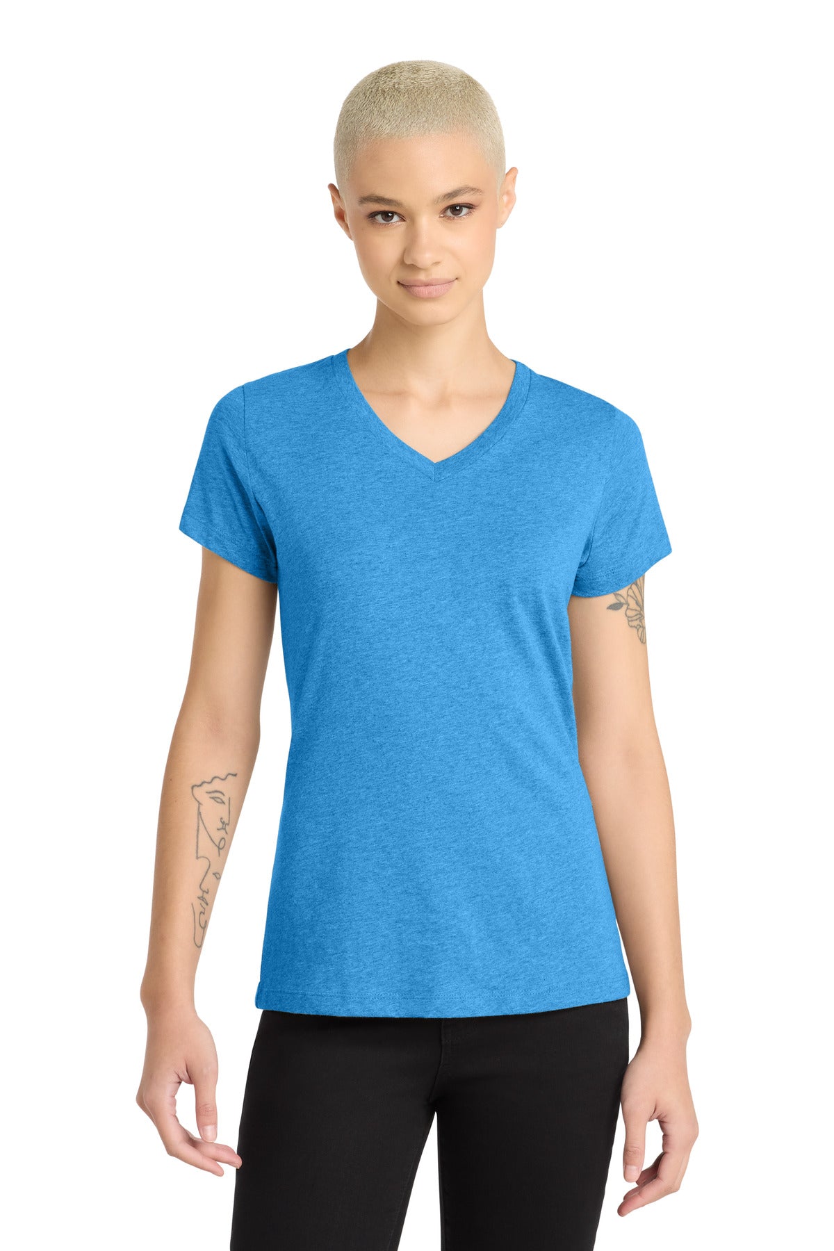 District Women's Perfect Blend CVC V-Neck Tee - Heathered Bright Turquoise