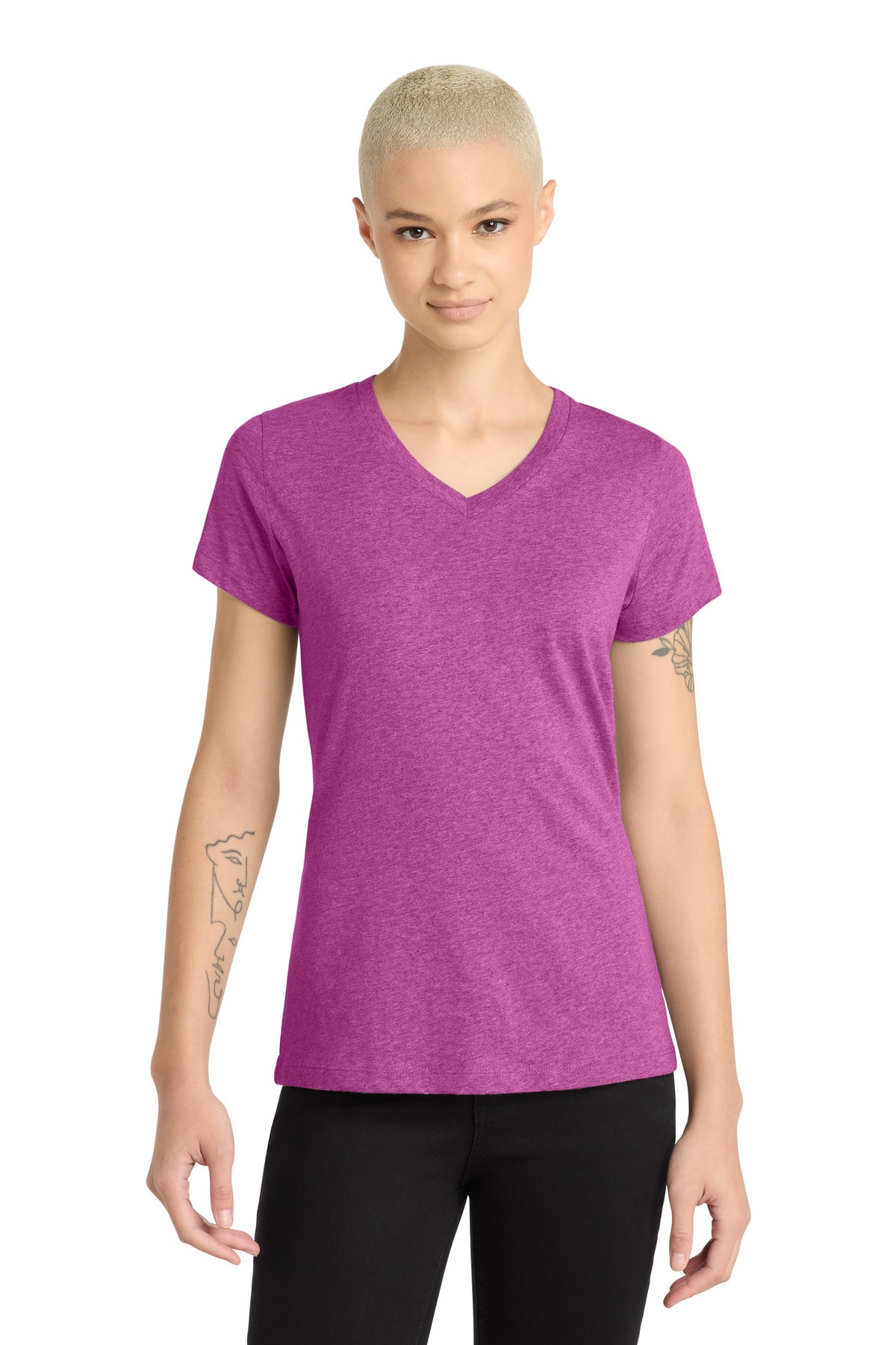 District Women's Perfect Blend CVC V-Neck Tee - Heathered Pink Raspberry