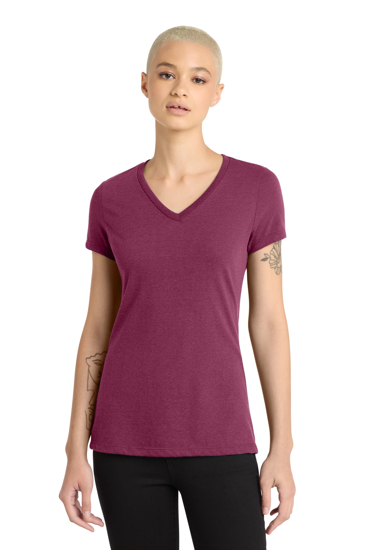 District Women's Perfect Blend CVC V-Neck Tee - Raspberry Fleck