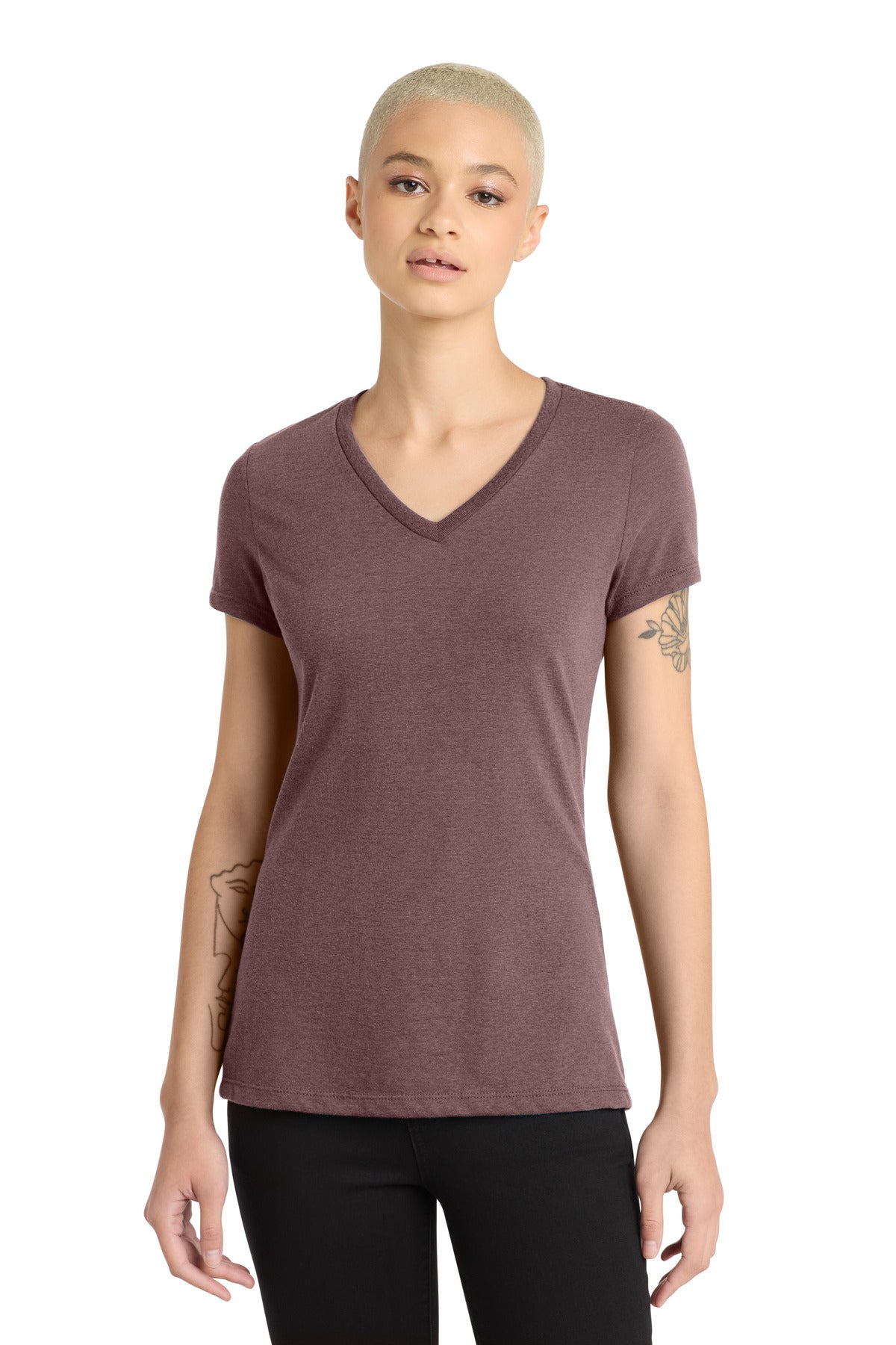 District Women's Perfect Blend CVC V-Neck Tee - Rose Fleck