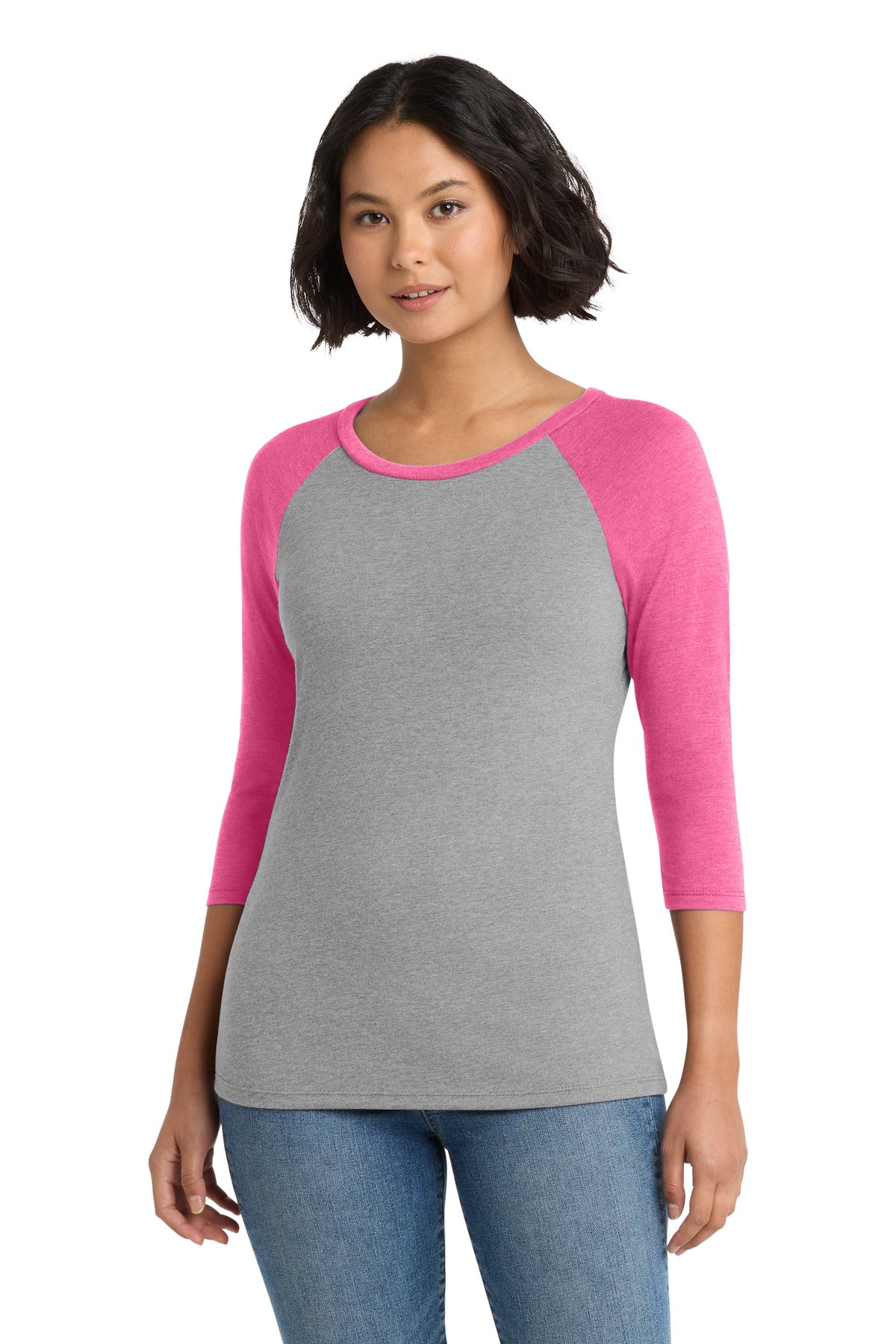 District Women's Perfect Tri 3/4-Sleeve Raglan - Fuchsia Frost/ Grey Frost