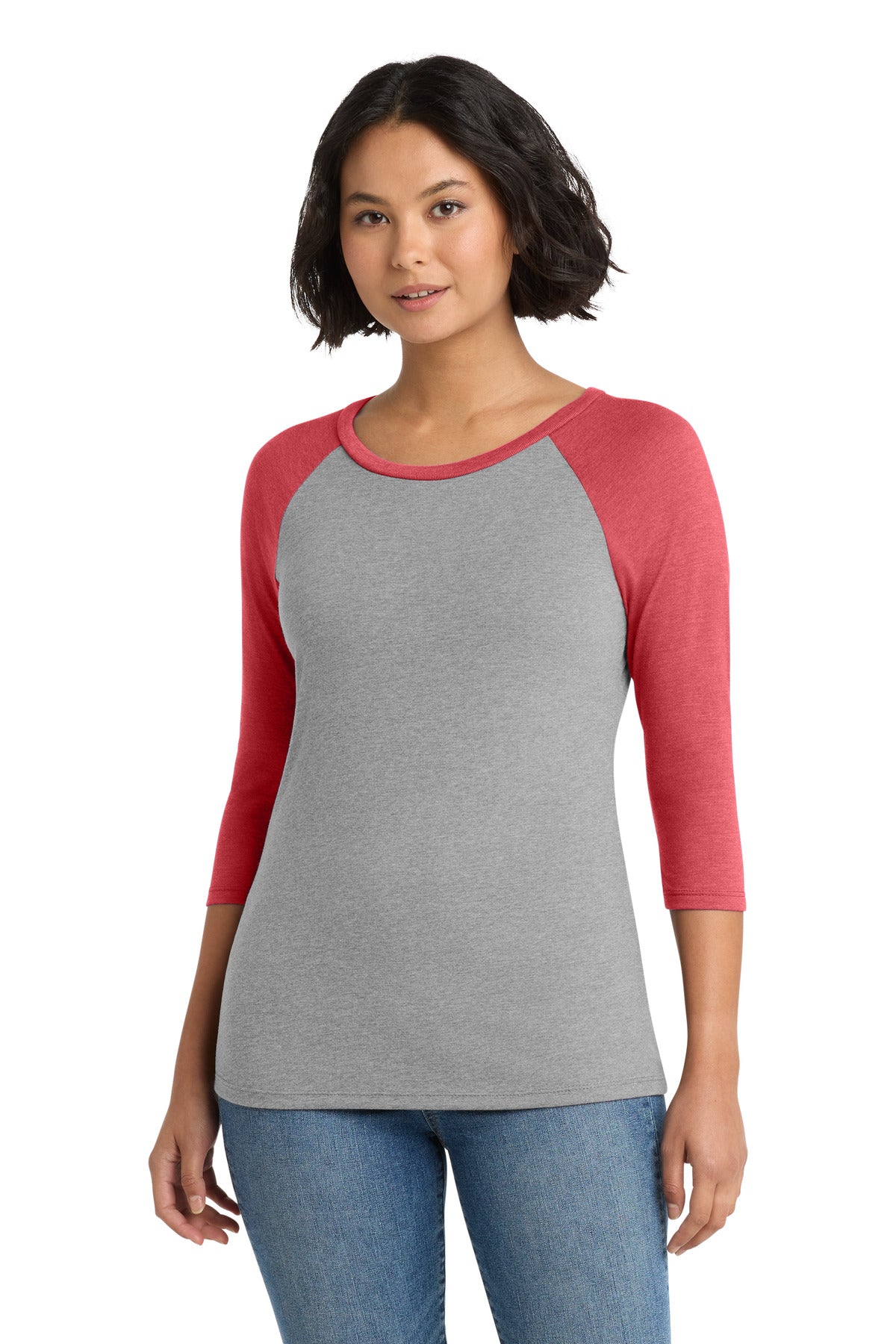 District Women's Perfect Tri 3/4-Sleeve Raglan - Red Frost/ Grey Frost