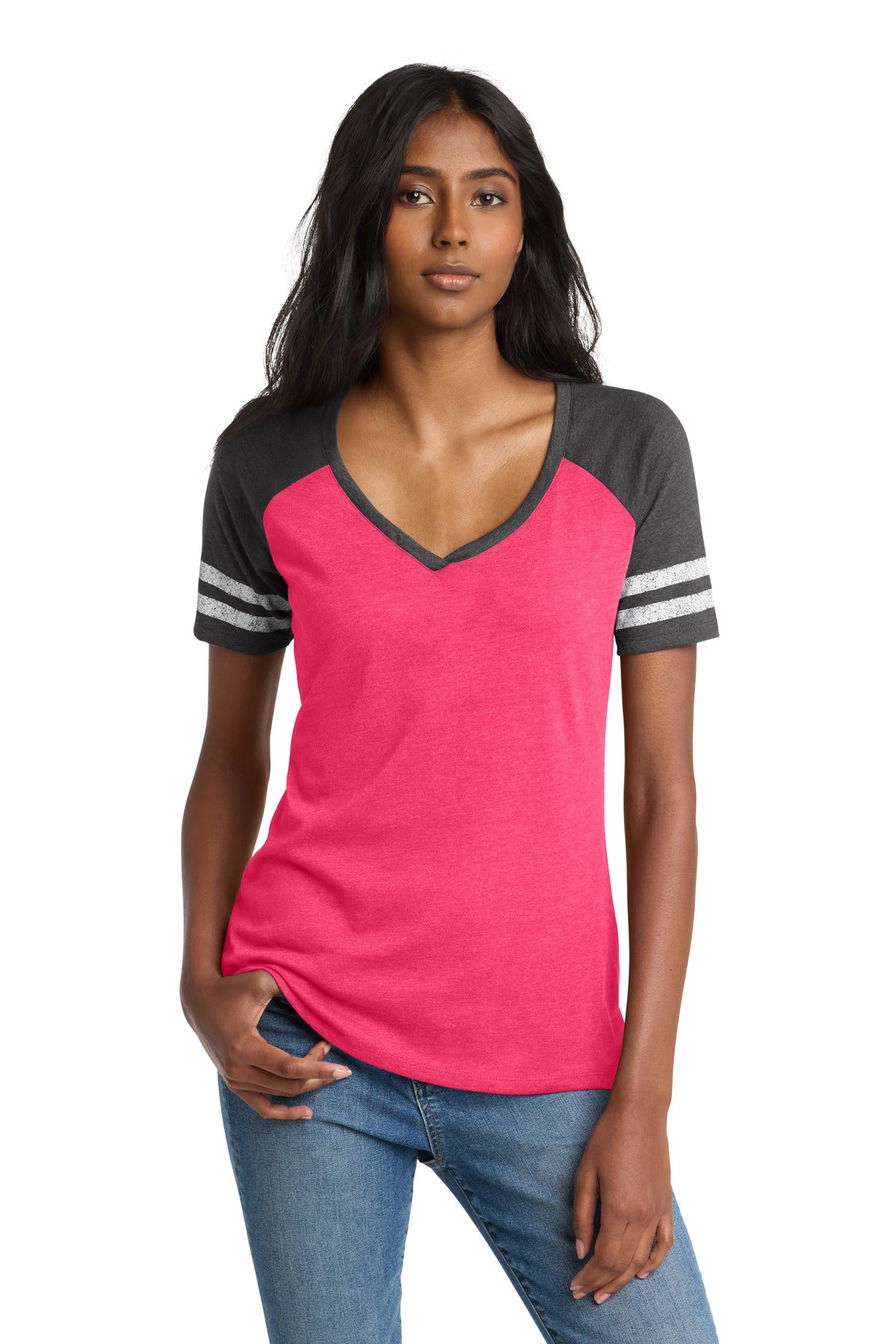 District  Women's Game V-Neck Tee - Heathered Watermelon/ Heathered Charcoal