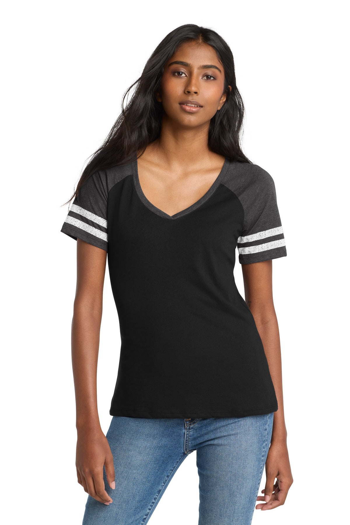 District  Women's Game V-Neck Tee - Black/ Heathered Charcoal