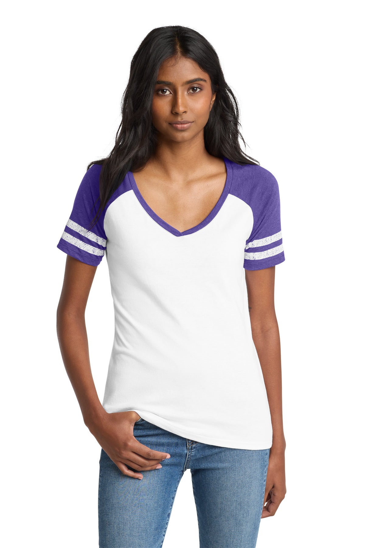 District  Women's Game V-Neck Tee - White/ Heathered Purple