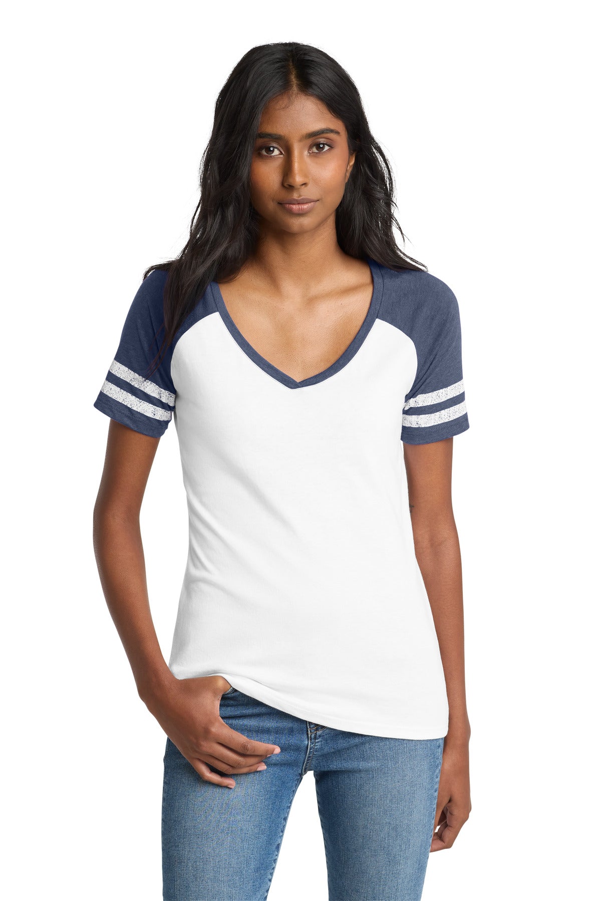 District  Women's Game V-Neck Tee - White/ Heathered True Navy