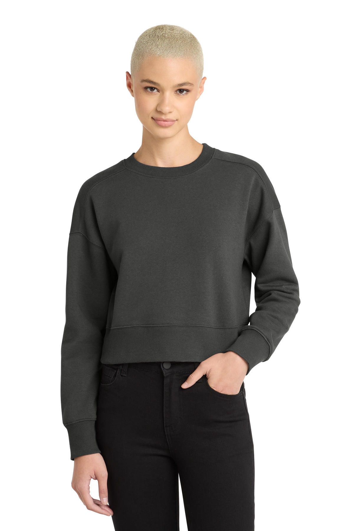 District  Women's Perfect Weight  Fleece Cropped Crew - Charcoal
