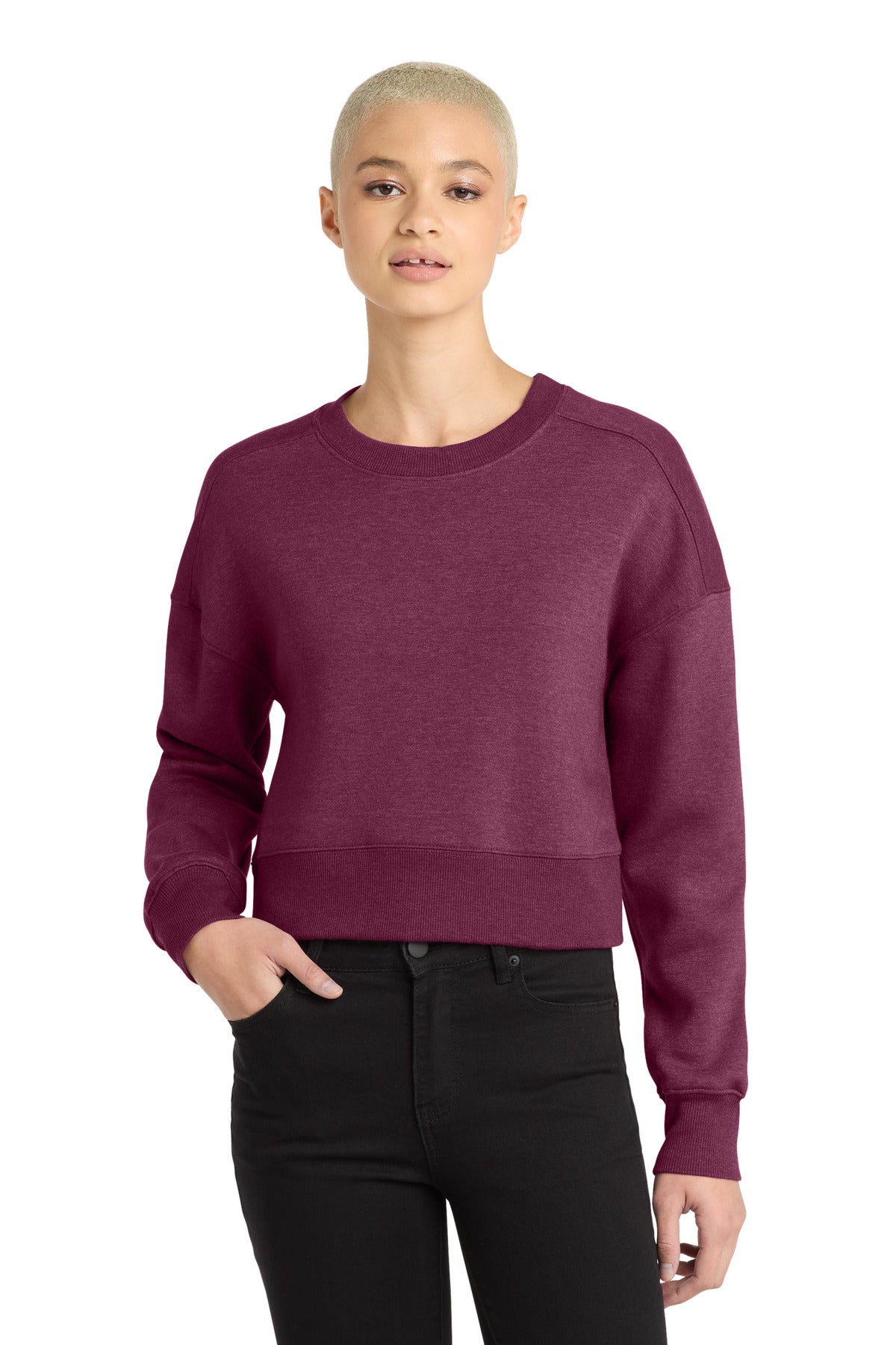 District  Women's Perfect Weight  Fleece Cropped Crew - Heathered Loganberry