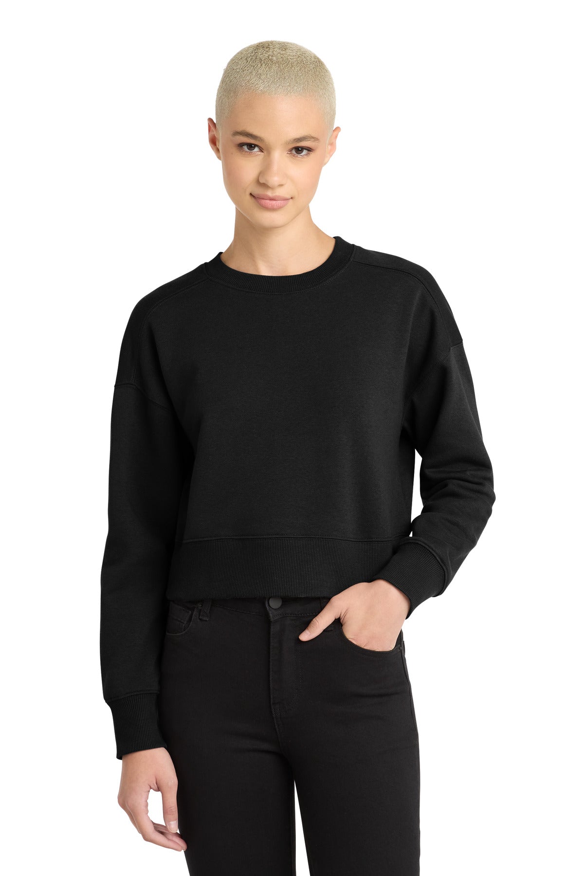 District  Women's Perfect Weight  Fleece Cropped Crew - Jet Black