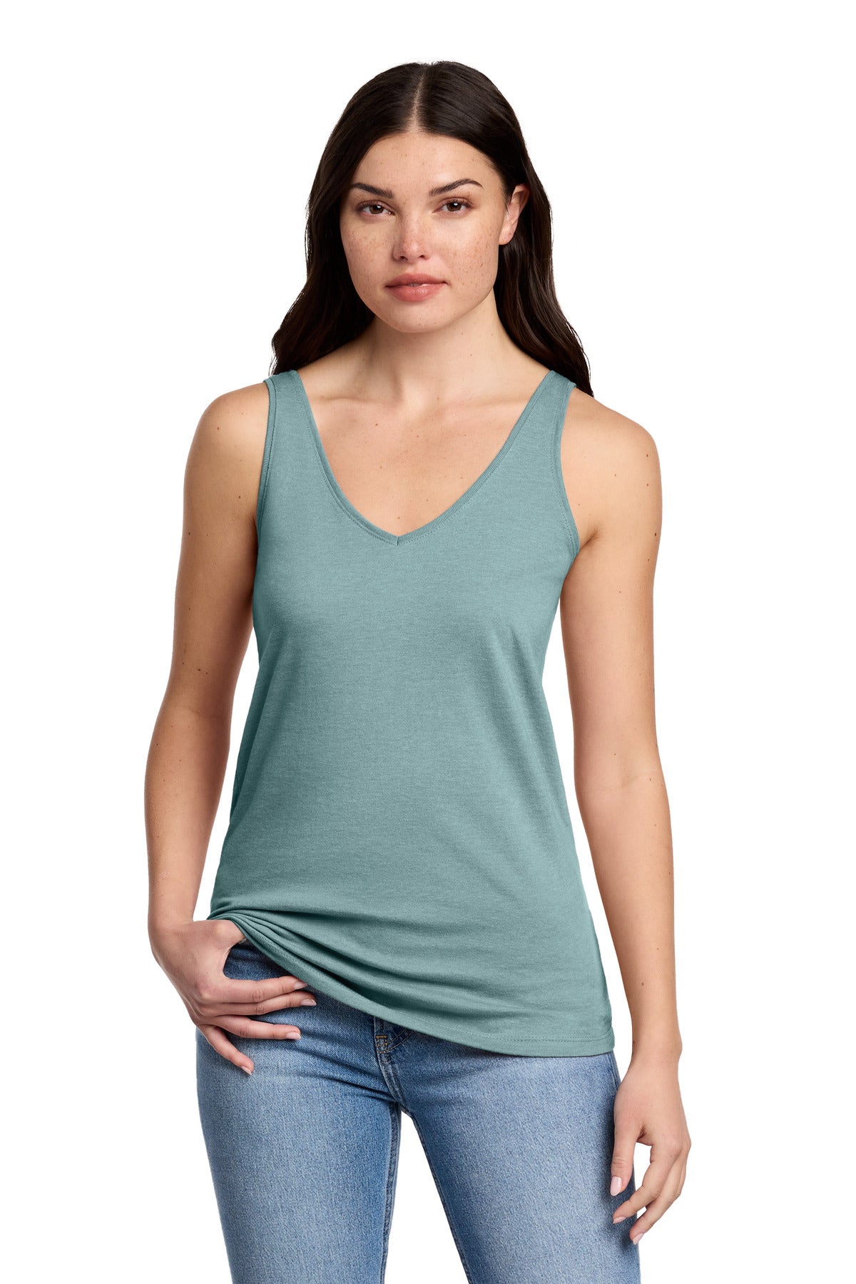 District Women's Perfect Blend CVC V-Neck Tank - Heathered Eucalyptus Blue
