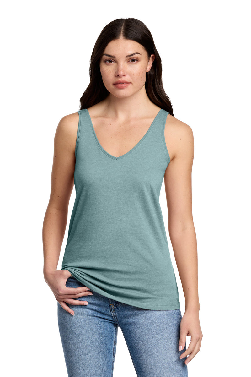 District Women's Perfect Blend CVC V-Neck Tank - Heathered Eucalyptus Blue