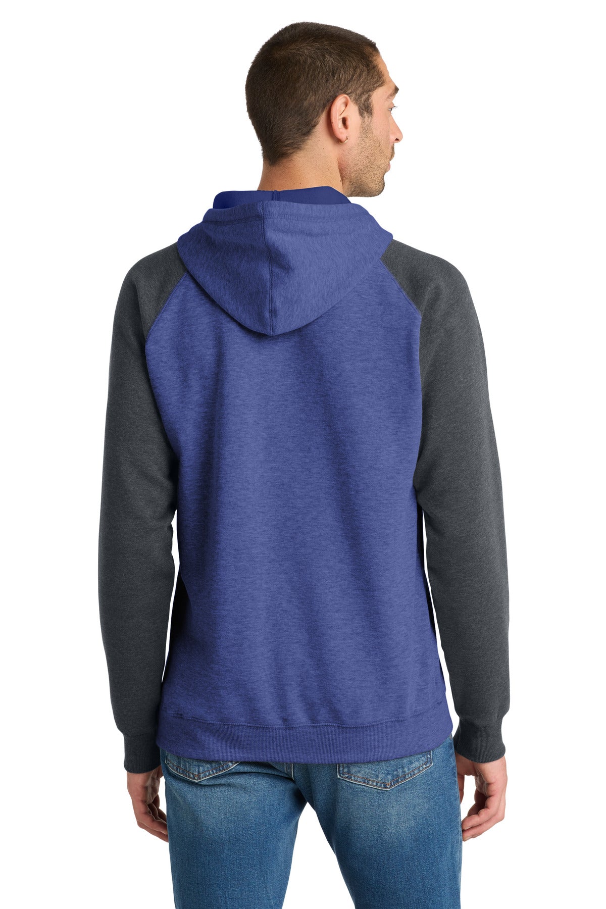 District Young Mens Lightweight Fleece Raglan Hoodie - Heathered Deep Royal/ Heathered Charcoal