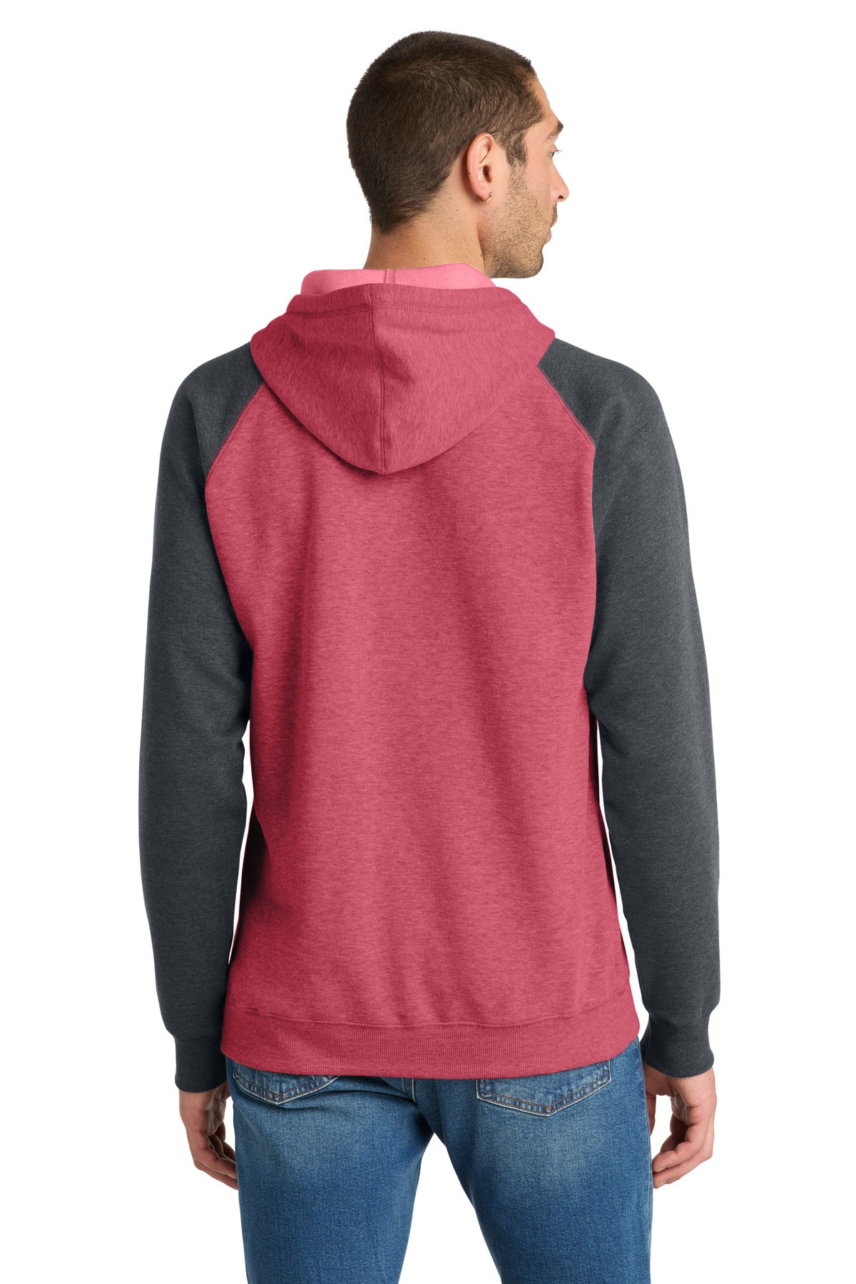 District Young Mens Lightweight Fleece Raglan Hoodie - Heathered Red/ Heathered Charcoal