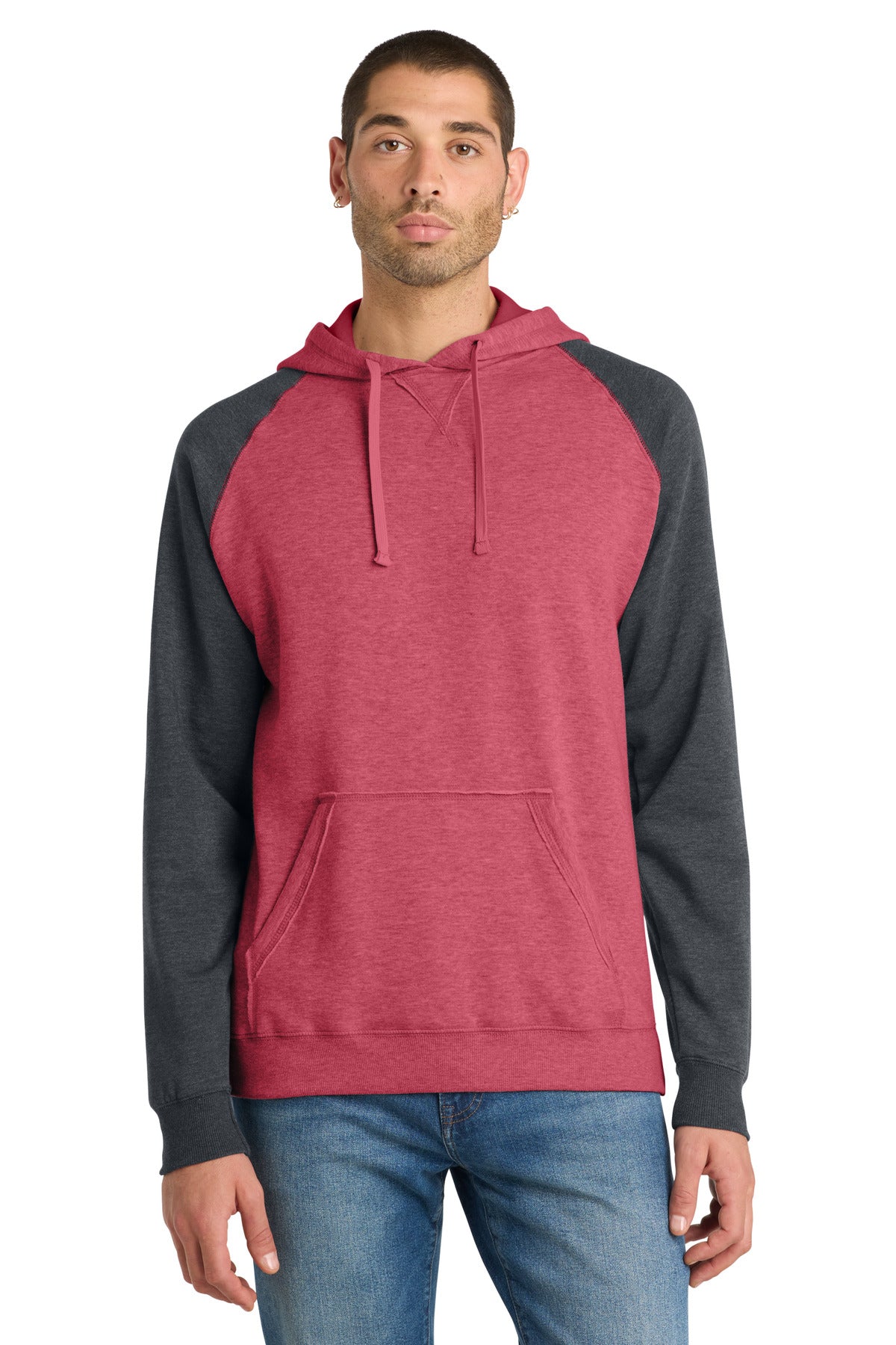 District Young Mens Lightweight Fleece Raglan Hoodie - Heathered Red/ Heathered Charcoal