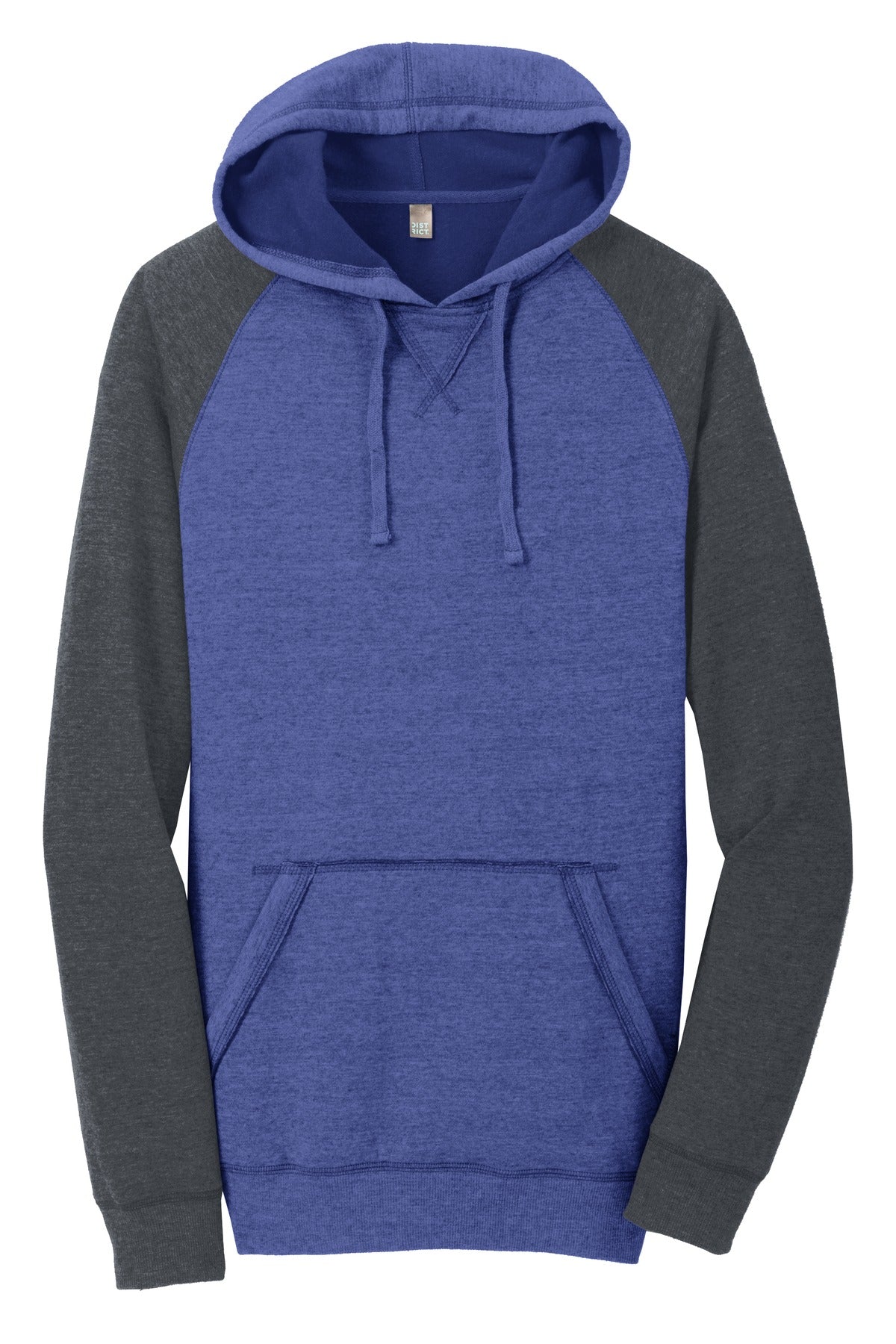District Young Mens Lightweight Fleece Raglan Hoodie - Heathered Deep Royal/ Heathered Charcoal