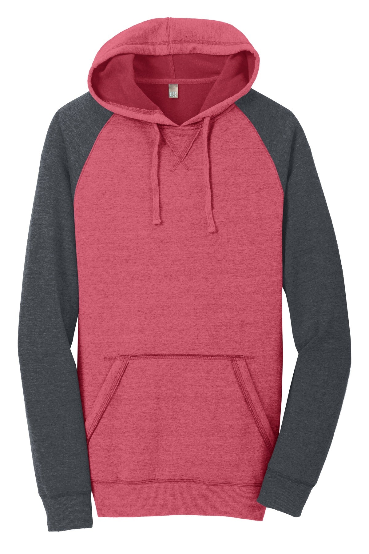 District Young Mens Lightweight Fleece Raglan Hoodie - Heathered Red/ Heathered Charcoal