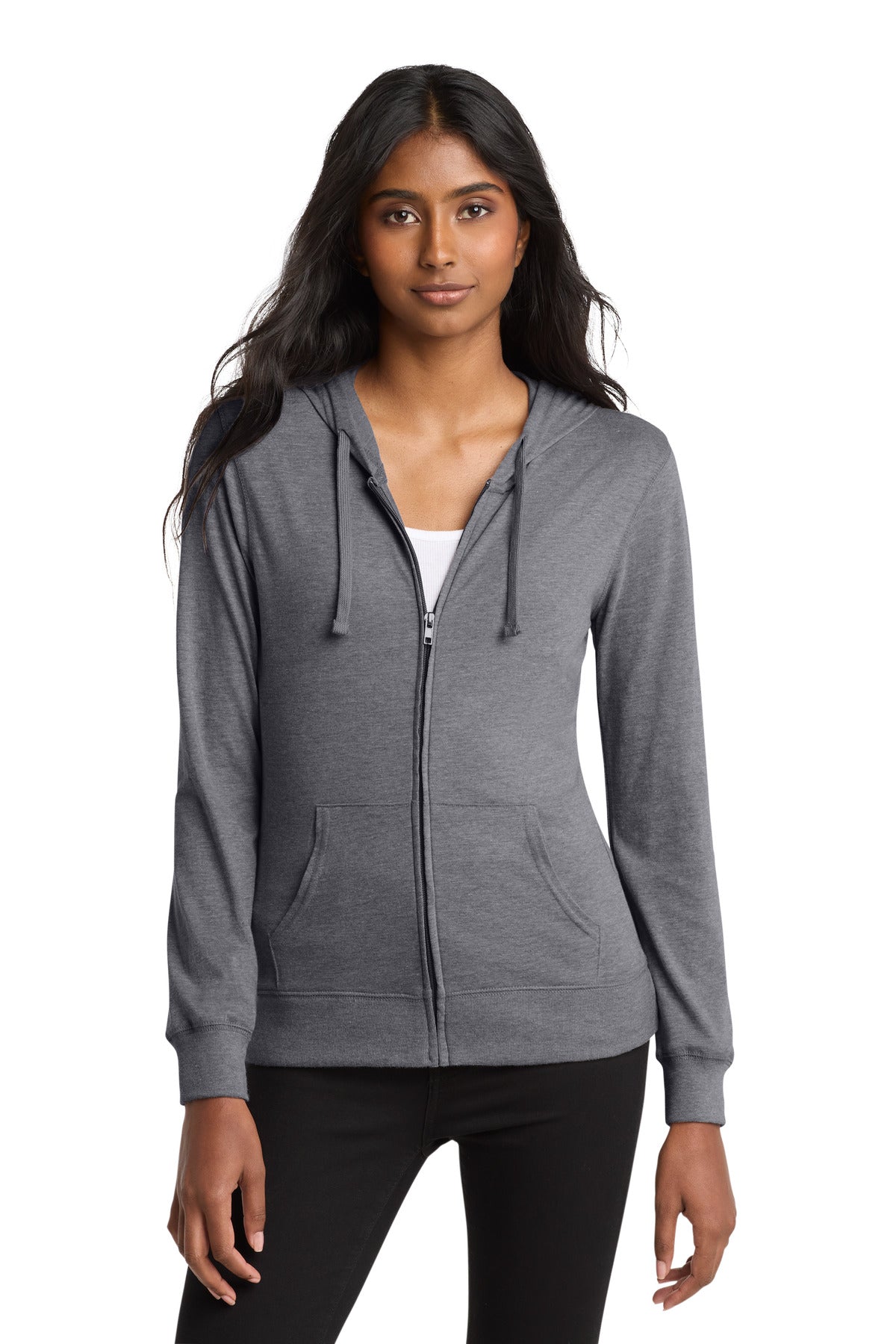 District Women's Fitted Jersey Full-Zip Hoodie - Dark Heather Grey