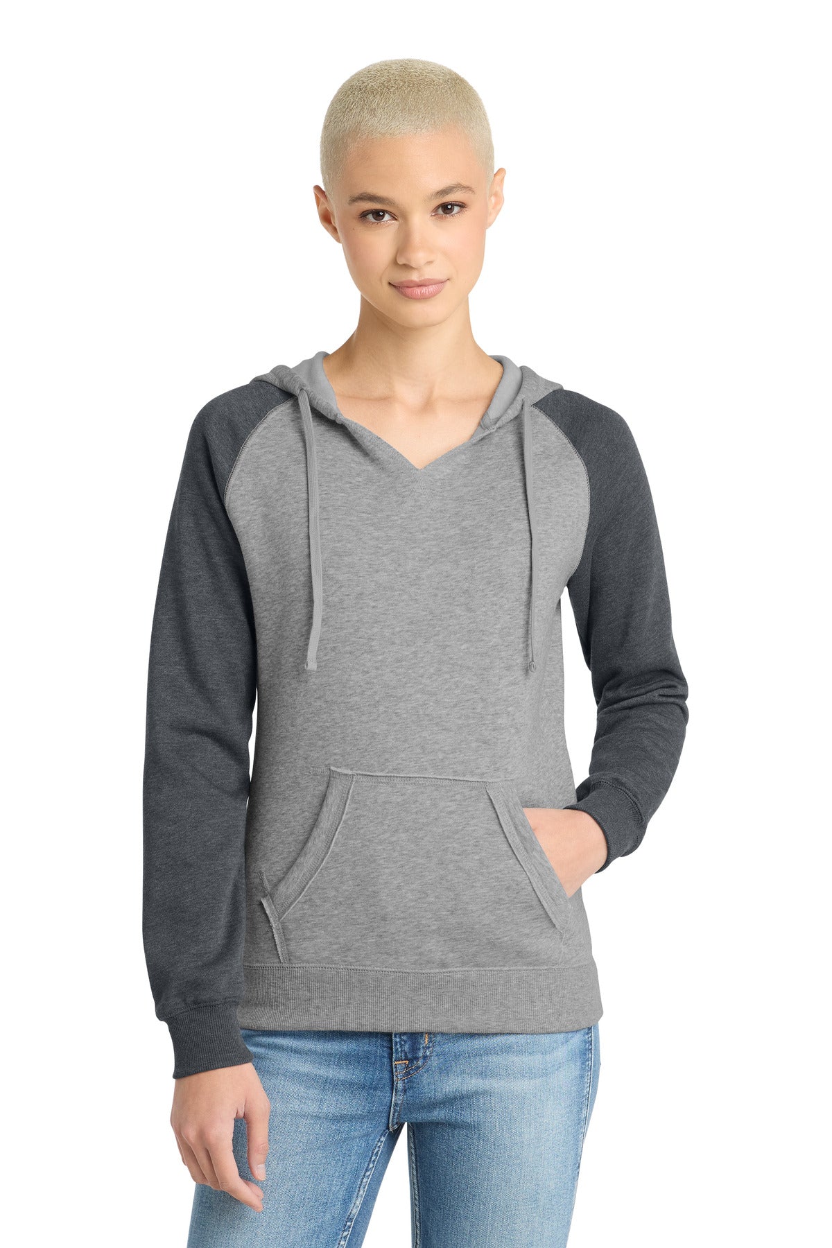 District Women's Lightweight Fleece Raglan Hoodie - Heathered Grey/ Heathered Charcoal