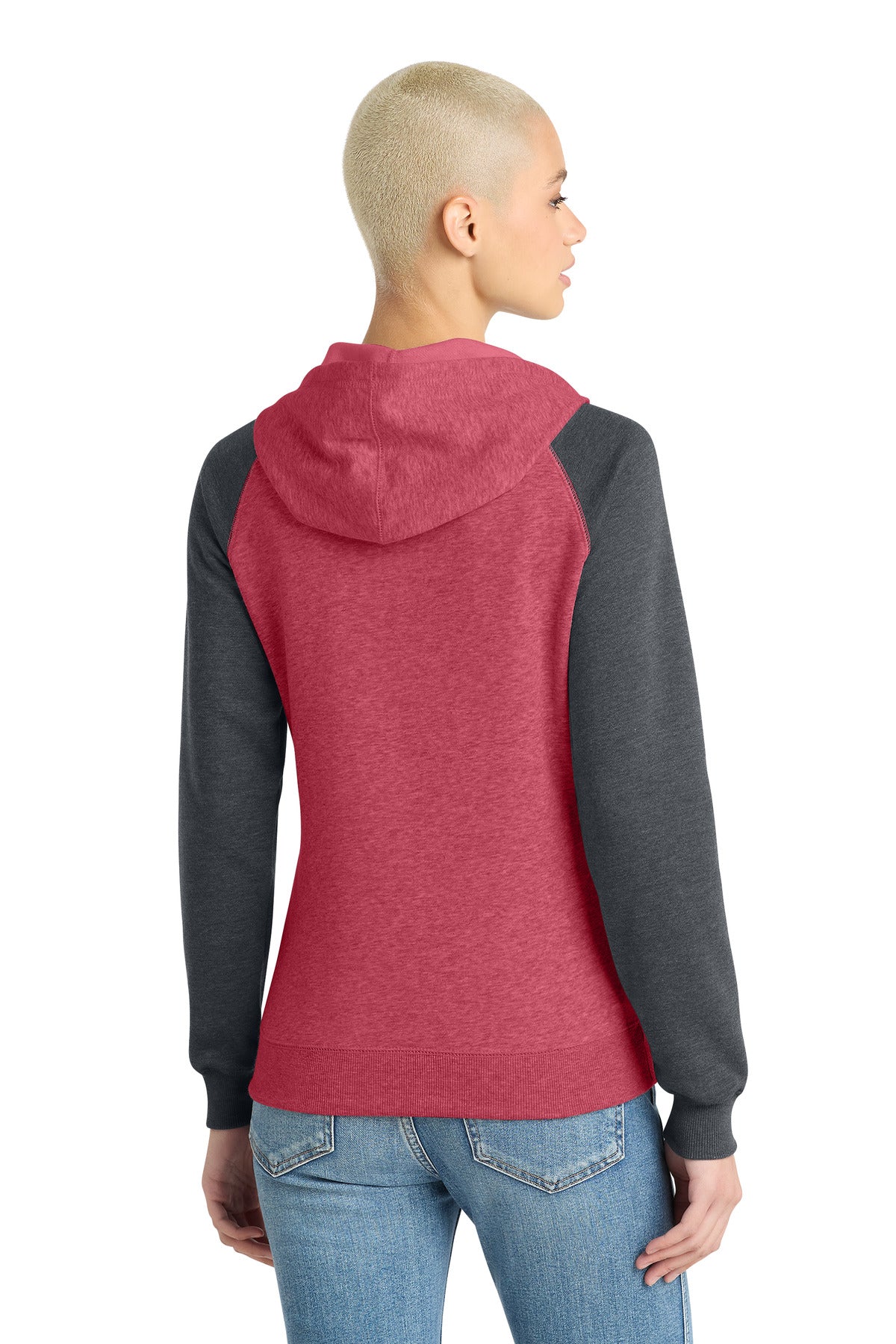District Women's Lightweight Fleece Raglan Hoodie - Heathered Red/ Heathered Charcoal