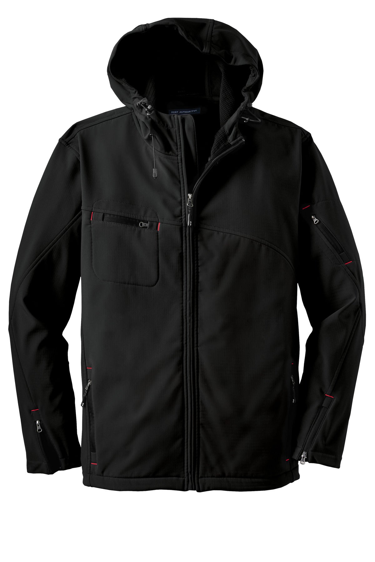 Port Authority Textured Hooded Soft Shell Jacket - Black/ Engine Red