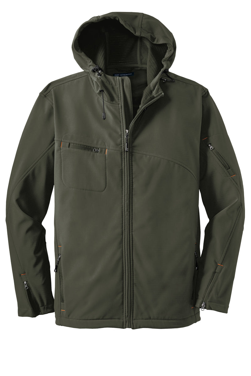 Port Authority Textured Hooded Soft Shell Jacket - Mineral Green/ Soft Orange