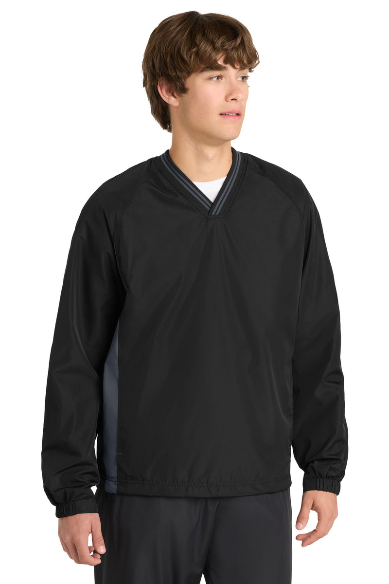 Sport-Tek Tipped V-Neck Raglan Wind Shirt - Black/ Graphite