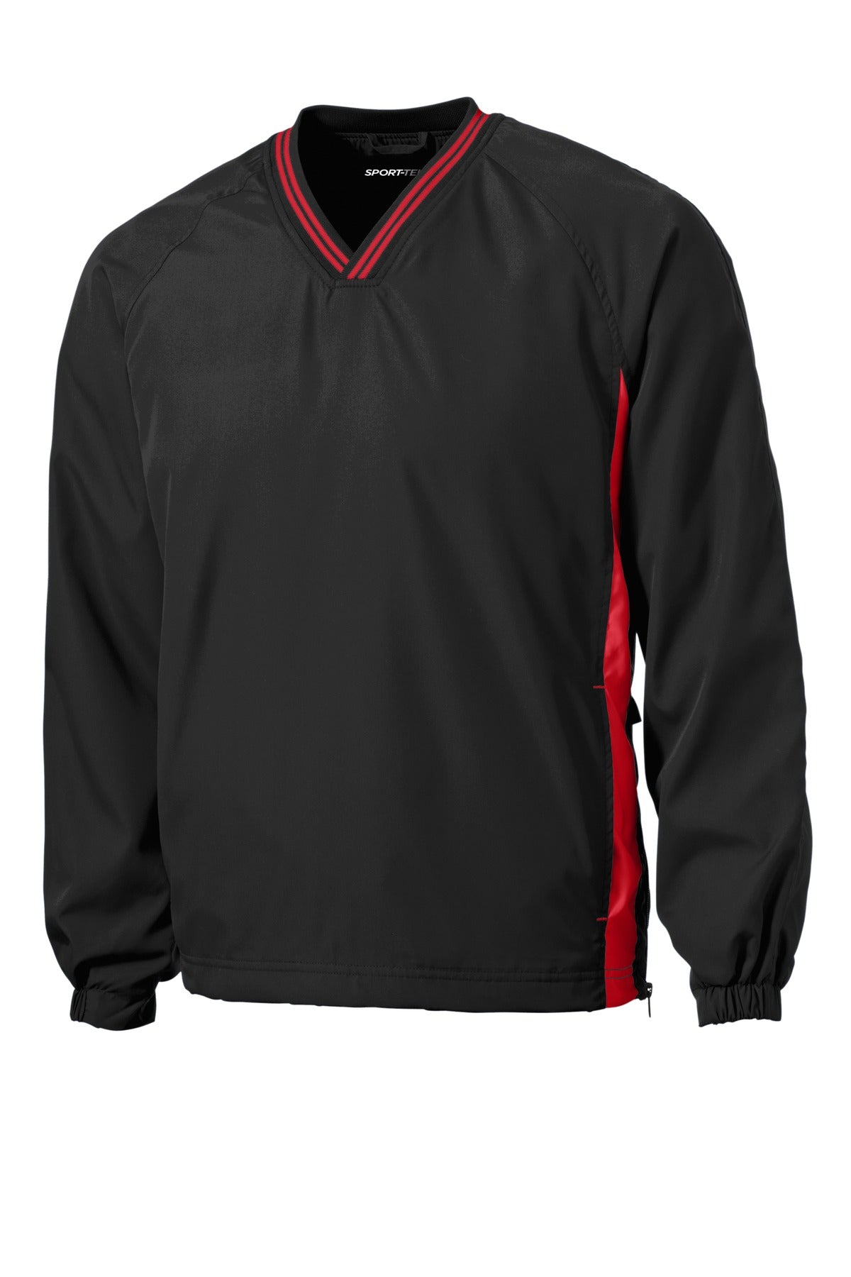 Sport-Tek Tipped V-Neck Raglan Wind Shirt - Black/ True Red